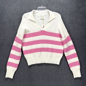 Jessica Simpson Sweater Womens Medium White Pink Striped‎ Cropped collared Knit